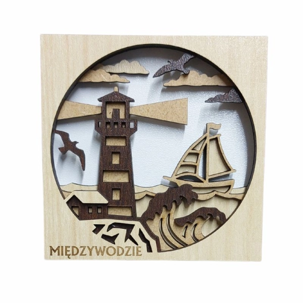 Drewniany magnes 5D N11 żaglówka z latarnią morską